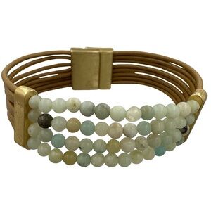 Amazonite Stone & Brown Leather Cord Strap Bracelet